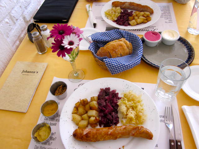 Bratwurst, Red Cabbage, Sauerkraut and Potatoes