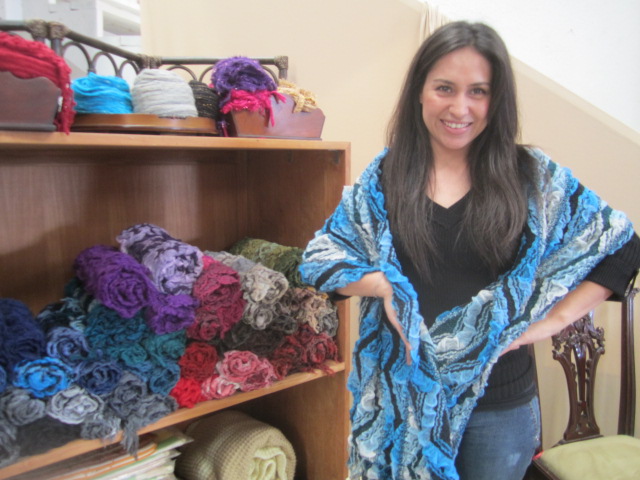 Maggie,, modeling a scarf from India